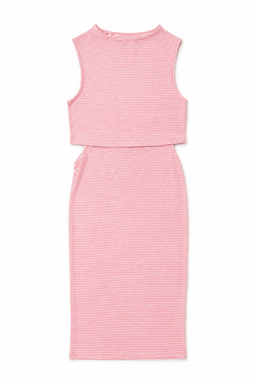 Black Bead Pink Striped Midi Dress Womens Size L Mock Neck Sleeveless Ribbed